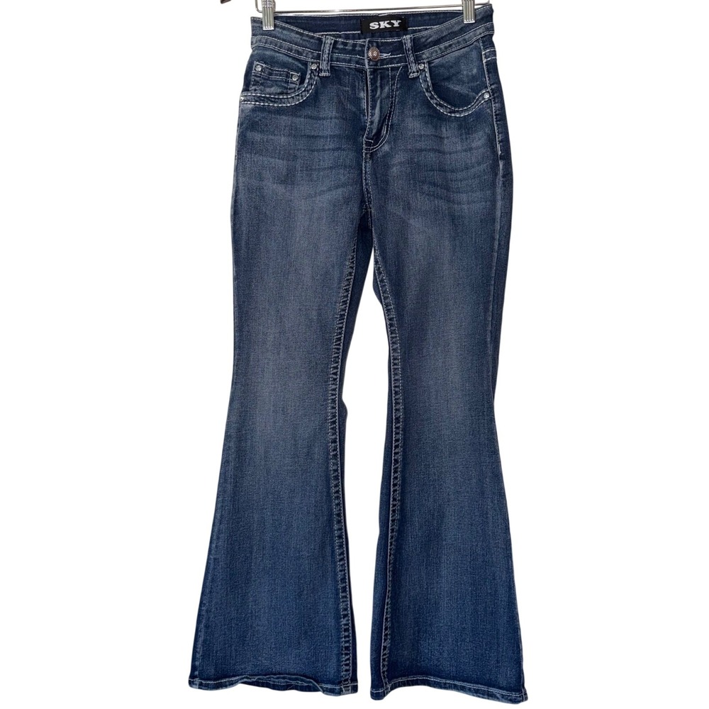 SKY Premium Collection Womens Flare Jeans Rhinestone Embellished Dark Wash 7/8